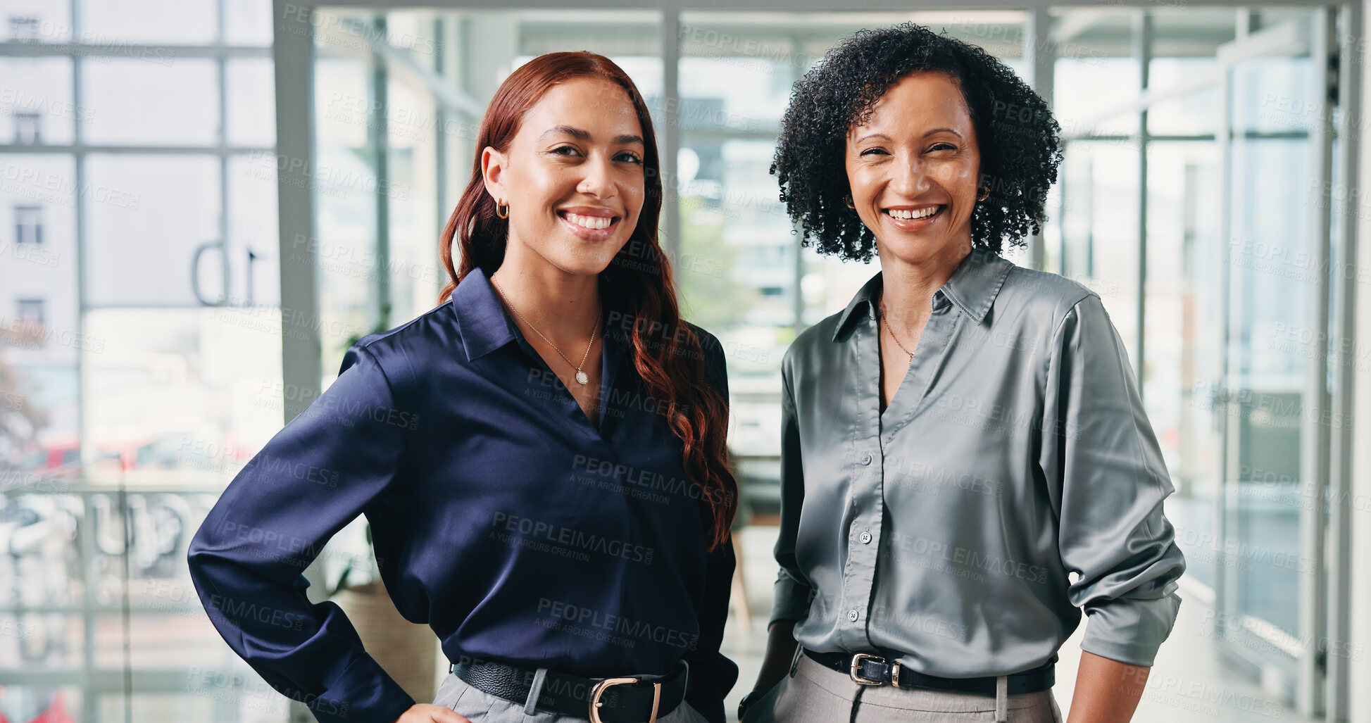 Buy stock photo Business, women and happy portrait in office for journalism, career development and about us pride. Journalist, editor and smile at publishing agency for news reporting, creative experience and team