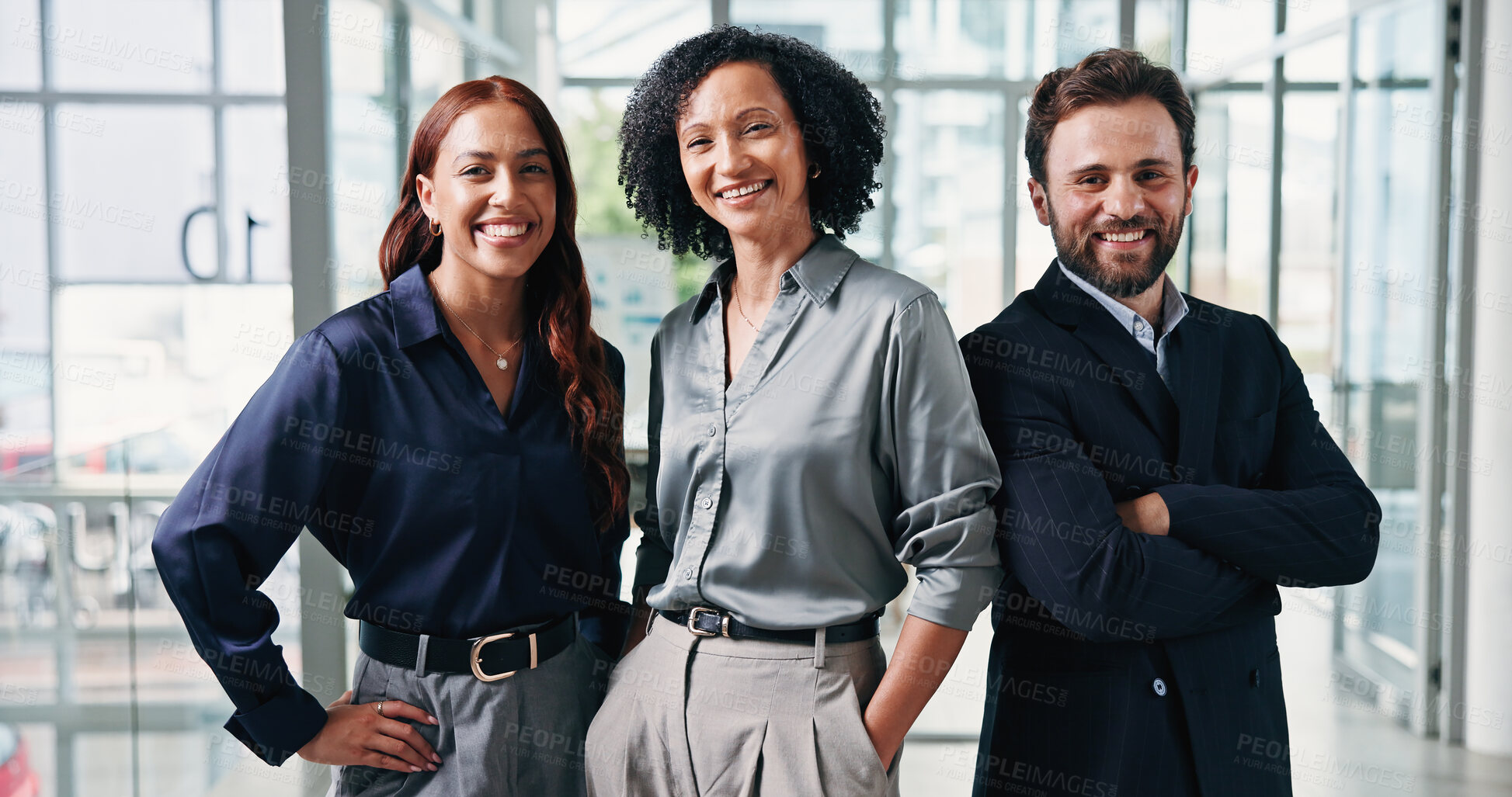 Buy stock photo Happy, portrait and business people in office with pride for finance consultants, career and teamwork. Corporate, professional and women and man with smile, confidence or about us at financial agency