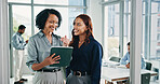 Office, advice and business women on tablet for feedback, project review and budget planning. Team, collaboration and workers on digital tech for meeting, discussion and finance report for campaign