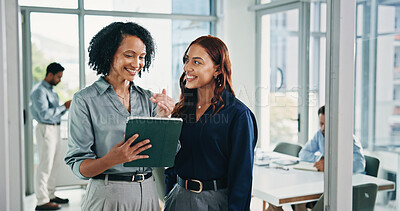 Buy stock photo Office, advice and business women on tablet for feedback, project review and budget planning. Team, collaboration and workers on digital tech for meeting, discussion and finance report for campaign