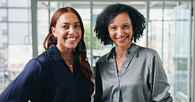 Buy stock photo Creative, women and smile portrait in office for journalism, career development or about us pride. Journalist, editor and happy at publishing agency for news reporting, copywriting experience or team