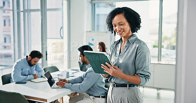 Buy stock photo Business, woman and reading with tablet in office for research, finance report and review budget. Smile, person and meeting with digital for accounting, financial information and investment proposal