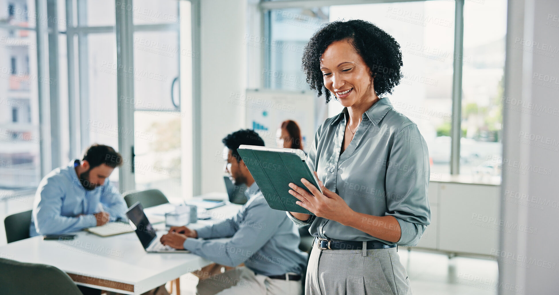 Buy stock photo Business, woman and reading with tablet in office for research, finance report and review budget. Smile, person and meeting with digital for accounting, financial information and investment proposal
