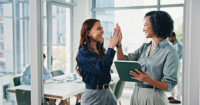 Buy stock photo Women, team and tablet with high five at office for success, insight or smile at insurance company. People, tech and celebration for goals, feedback and app for project at risk management agency