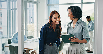 Buy stock photo Meeting, happy and business women on tablet for feedback, project review and budget planning. Office, collaboration and workers on digital tech for research, talking and finance report for campaign