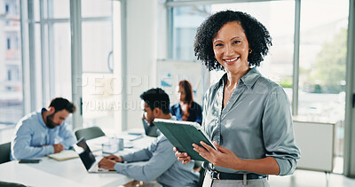 Buy stock photo Portrait, business and woman with tablet in office for research, finance report and review budget. Smile, person and meeting with digital for accounting, financial information and investment proposal