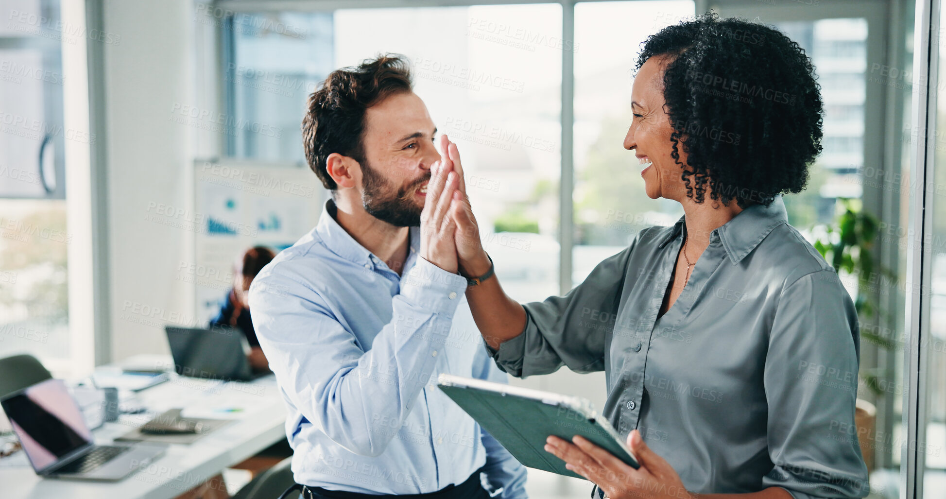 Buy stock photo Tablet, team and excited with high five in office for campaign success, results and good news. Digital marketing, happy people and tech with celebration for pitch approval, brand performance or goals