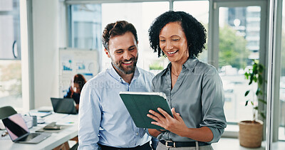 Buy stock photo Happy woman, man and discussion with tablet at office for review, insight or notes at insurance company. People, broker and advisor on app, team and tech for project report at risk management agency