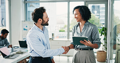 Buy stock photo People, handshake and tablet with smile at office for interview, hiring or thanks at human resource company. Woman, man and happy for shaking hands, feedback and app fore recruitment at HR agency