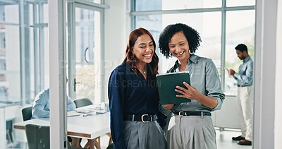 Buy stock photo Meeting, advice and business women on tablet for feedback, project review and budget planning. Office, collaboration and workers on digital tech for research, talking and finance report for campaign