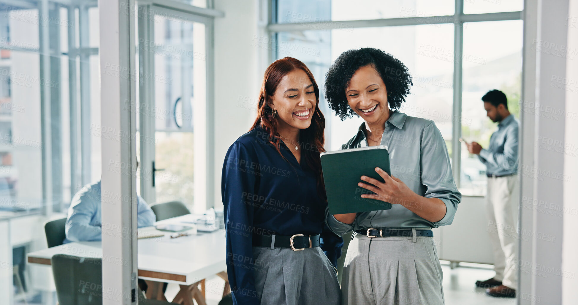 Buy stock photo Meeting, advice and business women on tablet for feedback, project review and budget planning. Office, collaboration and workers on digital tech for research, talking and finance report for campaign