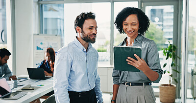 Buy stock photo Happy woman, man and planning with tablet at office for review, insight or notes at insurance company. People, broker and advisor on app, team and tech for project report at risk management agency