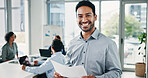 Portrait, business and man with document in office for schedule, finance report and review budget. Smile, person and meeting with paperwork for audit, financial information and investment proposal