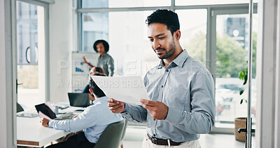 Buy stock photo Documents, reading and planning with business man in office for acquisition, finance advisor and liquidity. Brainstorming, review and report with employees in corporate firm for investment trader