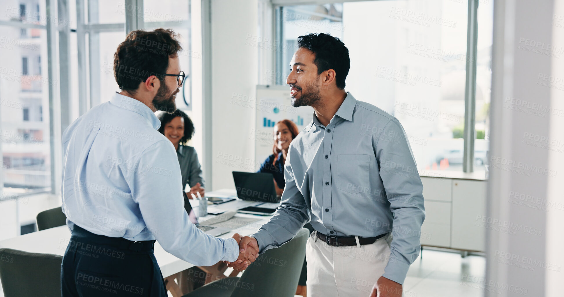 Buy stock photo People, handshake and smile with success at office for promotion, goals or thanks at insurance company. Men, shaking hands and happy for deal, feedback and  congratulations at risk management agency