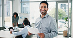 Smile, business and man with document in office for schedule, finance report and review budget. Portrait, person and meeting with paperwork for audit, financial information and investment proposal