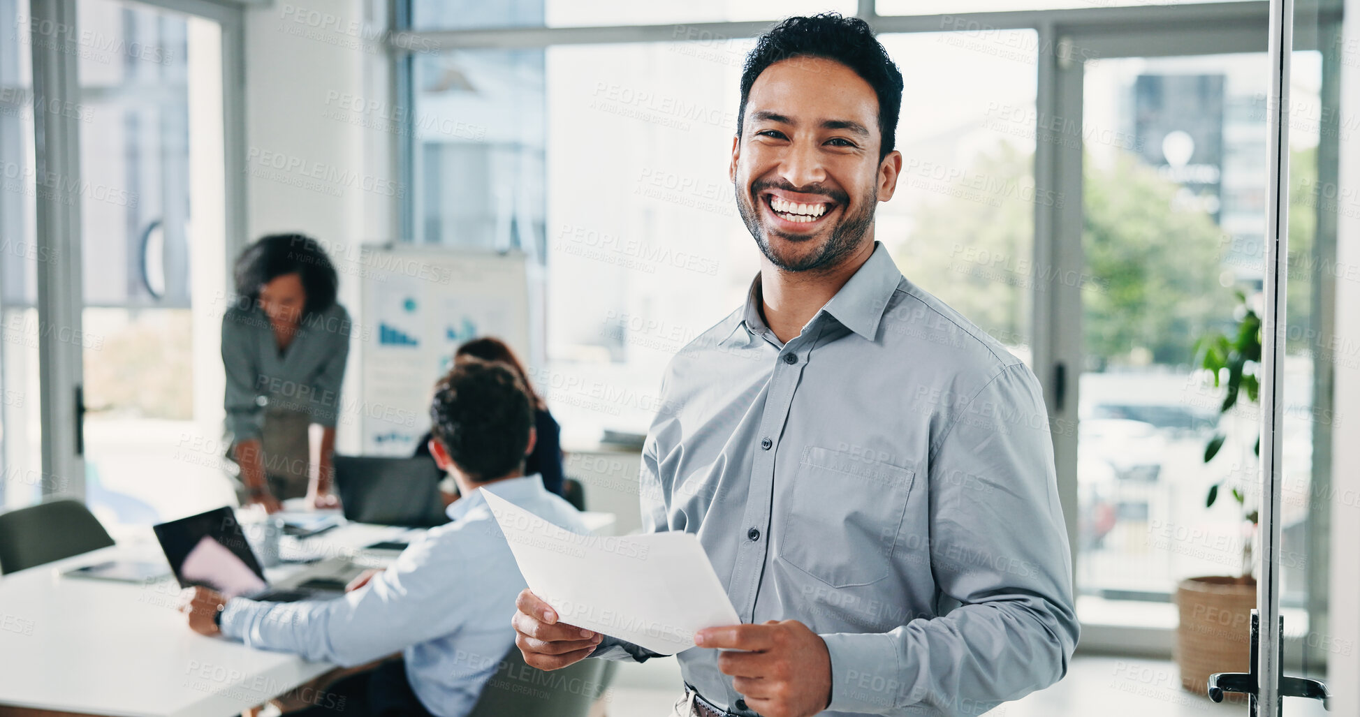 Buy stock photo Smile, business and man with document in office for schedule, finance report and review budget. Portrait, person and meeting with paperwork for audit, financial information and investment proposal
