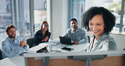 Buy stock photo Happy woman, meeting and presentation with team on whiteboard for coaching in office or boardroom. Female person, speaker or smile with group of employees for staff training or project in workplace
