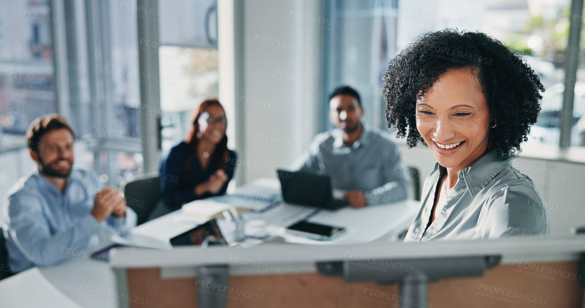 Buy stock photo Happy woman, meeting and presentation with team on whiteboard for coaching in office or boardroom. Female person, speaker or smile with group of employees for staff training or project in workplace