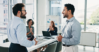 Buy stock photo Investor, success or men in meeting, talking or discussion for promotion, bonus or celebration. Business people, financial advisor and trader in office, teamwork or achievement for profit growth