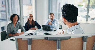 Buy stock photo Businessman, presentation and whiteboard with team in boardroom for staff training or discussion. Man, employee or speaker talking to colleagues with group project for business coaching in workplace