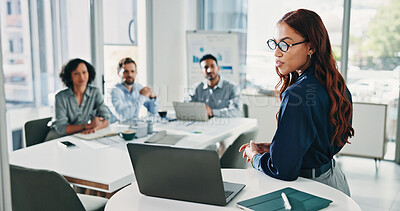 Buy stock photo Laptop, presentation and team with business people in meeting for acquisition, finance advisor and liquidity. Brainstorming, research and online report with employees in corporate firm for speaker 