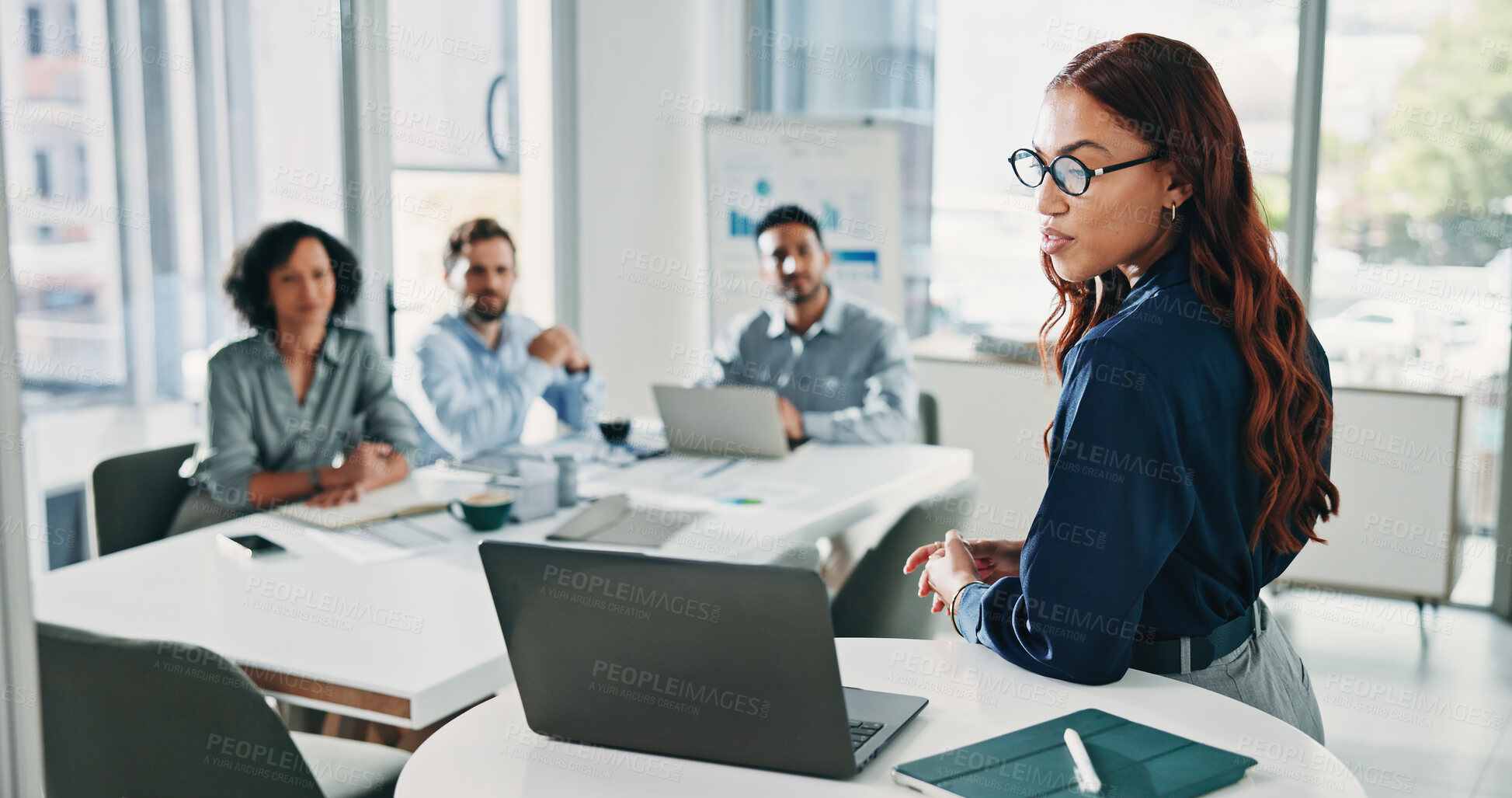 Buy stock photo Laptop, presentation and team with business people in meeting for acquisition, finance advisor and liquidity. Brainstorming, research and online report with employees in corporate firm for speaker 
