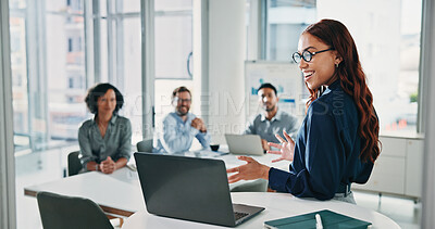Buy stock photo Laptop, presentation and speaker with business people in meeting for acquisition, finance advisor and liquidity. Brainstorming, research and online report with employees in corporate firm for team