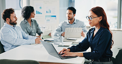 Buy stock photo Typing, laptop and business woman in meeting for finance growth, budget review and proposal report. Corporate, team and person on computer for research, planning and financial analysis for investment