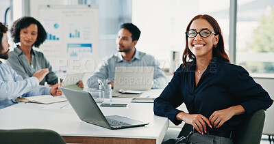 Buy stock photo Smile, business and woman with laptop in office for research, finance report and review budget. Portrait, person and meeting with tech for company audit, financial information and investment proposal