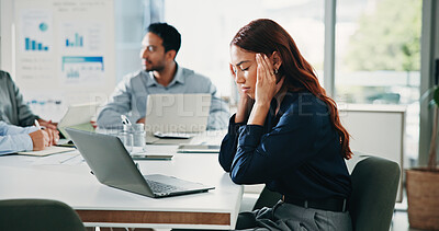 Buy stock photo Investor, headache and woman in office, pain and temple massage with laptop. People, financial advisor and professional in workplace, migraine and burnout with pc, tension and tired with fatigue
