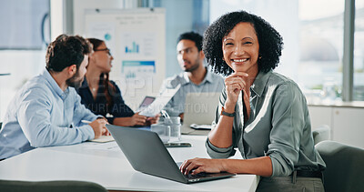 Buy stock photo Happy, business and woman with laptop in office for research, finance report and review budget. Portrait, person and meeting with tech for company audit, financial information and investment proposal