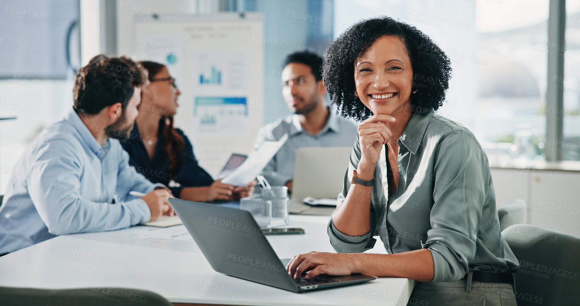 Buy stock photo Happy, business and woman with laptop in office for research, finance report and review budget. Portrait, person and meeting with tech for company audit, financial information and investment proposal