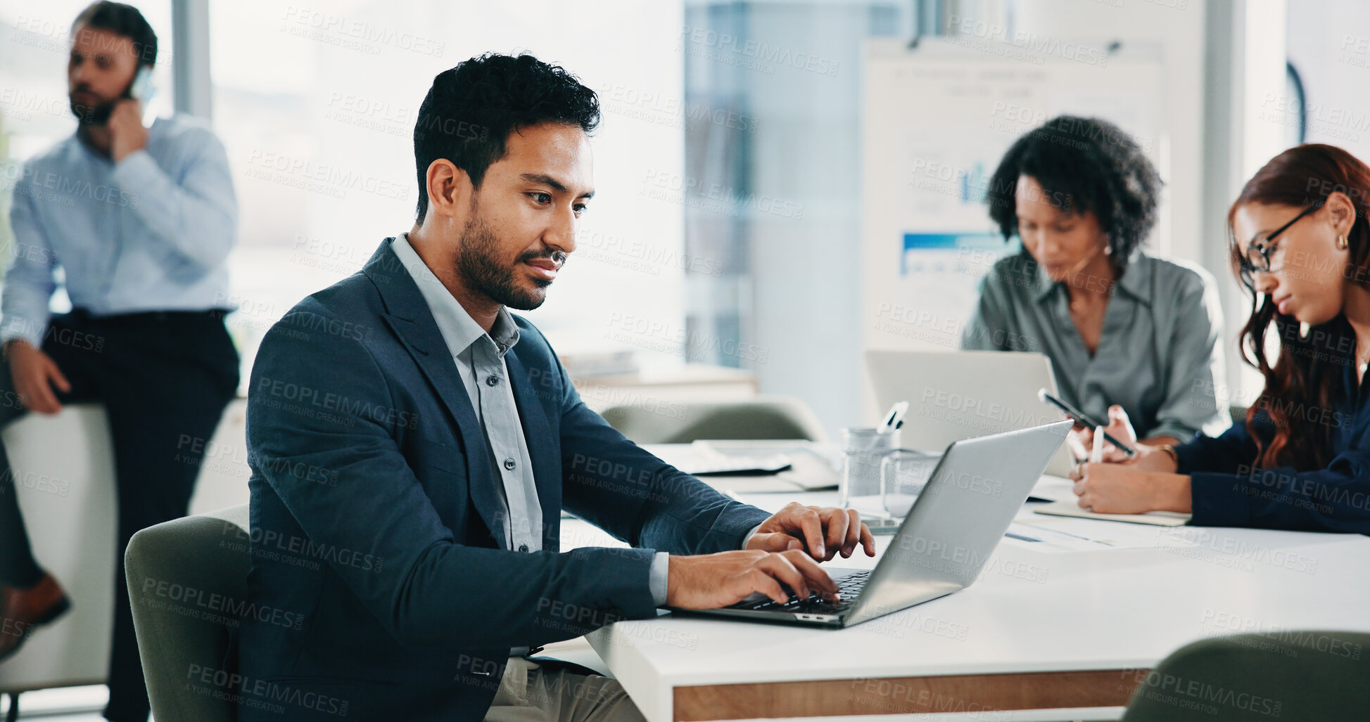 Buy stock photo Boardroom, laptop and business man in meeting for finance report, budget review and investment proposal. Corporate, team and person on computer for research, planning and financial analysis for audit