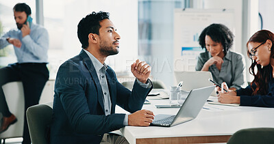 Buy stock photo Thinking, laptop and business man in meeting for finance report, budget review or investment proposal. Corporate, graphs and person on computer for strategy, planning and financial analysis with team
