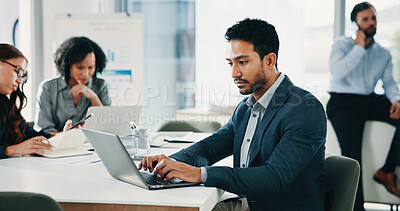 Buy stock photo Meeting, laptop and business man in boardroom for finance report, budget review and investment proposal. Corporate, team and person on computer for research, planning and financial analysis in office