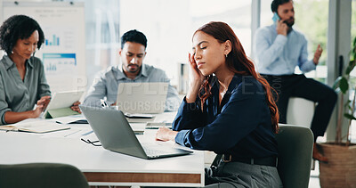 Buy stock photo Investor, headache and woman in workplace, pain and temple massage with laptop. People, financial advisor and employee in office, migraine and burnout with pc, tension and exhausted with fatigue