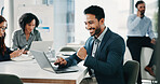 Happy, businessman and winning with fist pump on laptop for business success or bonus in office. Excited, man or employee with smile on computer for achievement, promotion or bonus in workplace