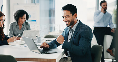 Buy stock photo Happy, businessman and winning with fist pump on laptop for business success or bonus in office. Excited, man or employee with smile on computer for achievement, promotion or victory in workplace