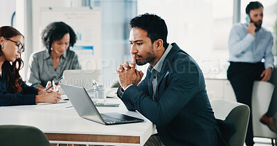 Buy stock photo Meeting, thinking and business man on laptop for finance review, budget report and investment choice. Corporate, team and person on computer for strategy, planning and financial analysis for growth