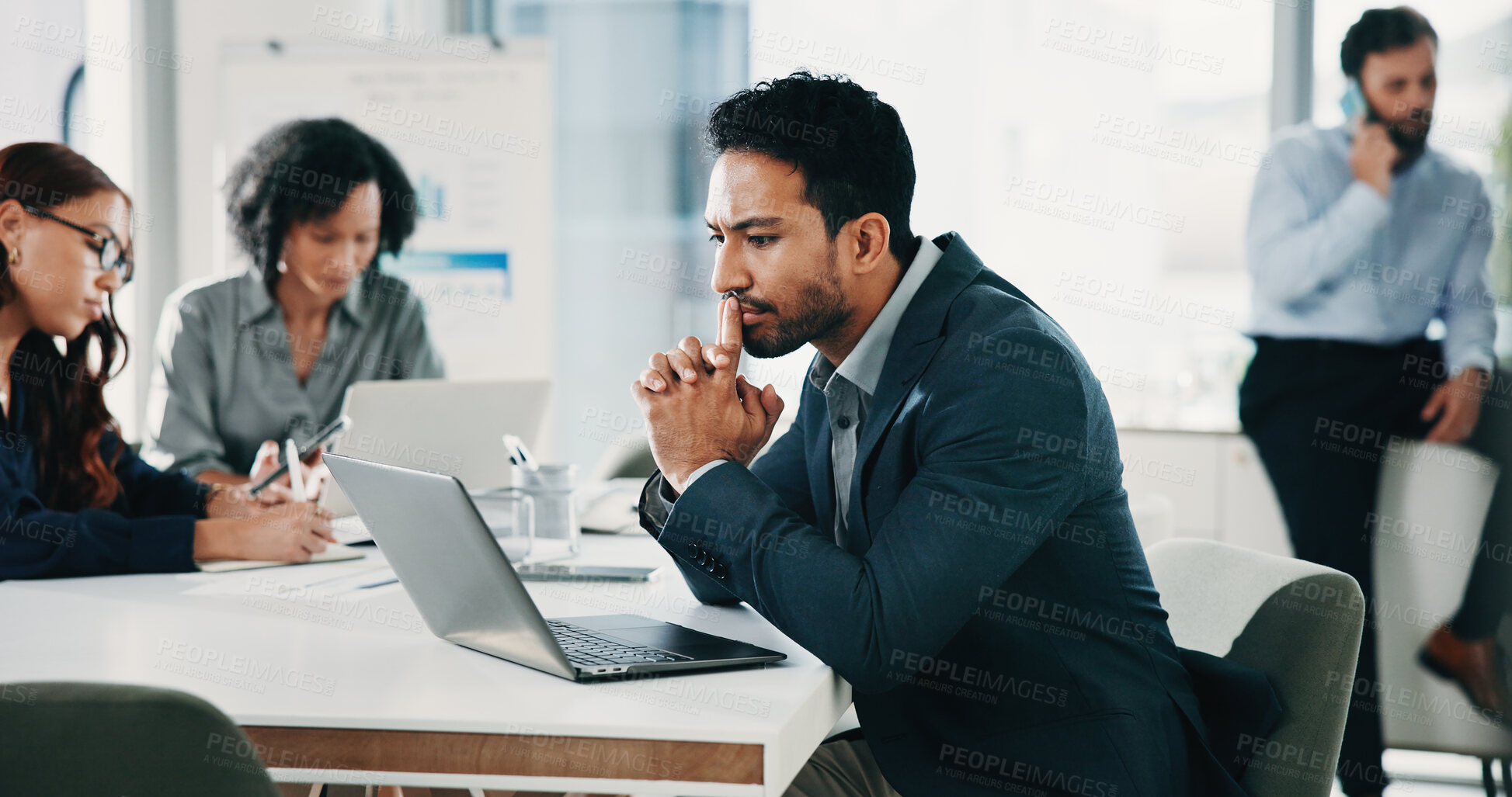 Buy stock photo Meeting, thinking and business man on laptop for finance review, budget report and investment choice. Corporate, team and person on computer for strategy, planning and financial analysis for growth