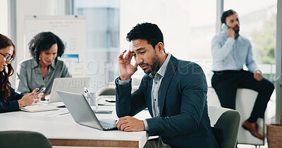 Buy stock photo Investor, headache and man in office, laptop and blue light exposure with pain. People, financial advisor or employee in workplace, migraine or burnout with computer, tired or eye strain with fatigue
