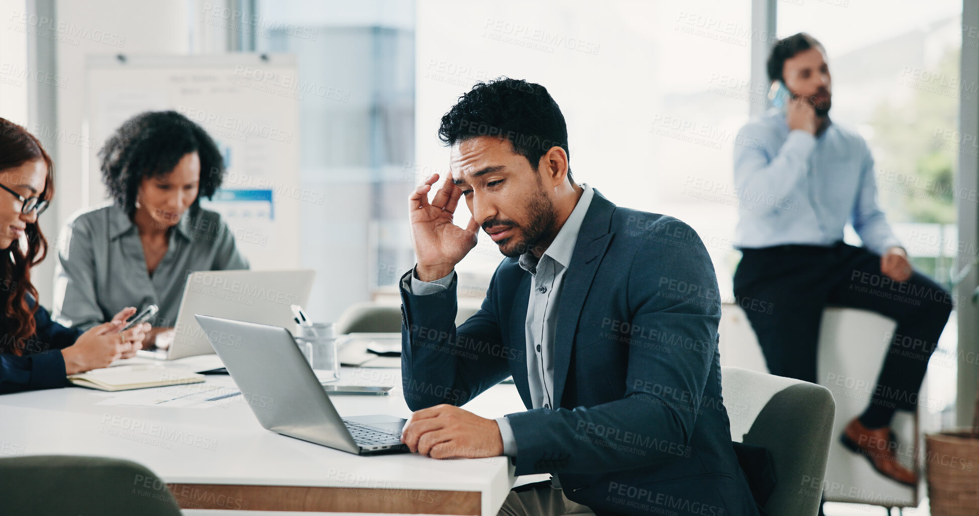 Buy stock photo Investor, headache and man in office, laptop and blue light exposure with pain. People, financial advisor or employee in workplace, migraine or burnout with computer, tired or eye strain with fatigue