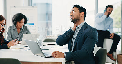 Buy stock photo Investor, neck pain and man in office, stress and muscle tension with laptop. People, financial advisor and joint injury in workplace, tired and burnout with inflammation, pc and ache with pressure