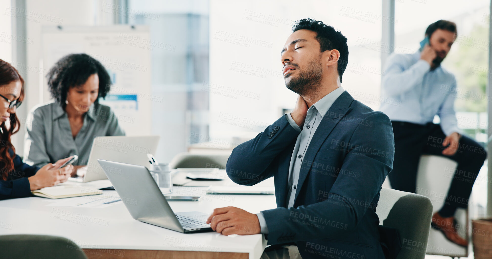 Buy stock photo Investor, neck pain and man in office, stress and muscle tension with laptop. People, financial advisor and joint injury in workplace, tired and burnout with inflammation, pc and ache with pressure