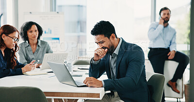 Buy stock photo Businessman, laptop and cough at meeting in office with stress, frustrated and sick at insurance company. Person, broker or advisor with computer, chest pain or infection with illness at agency