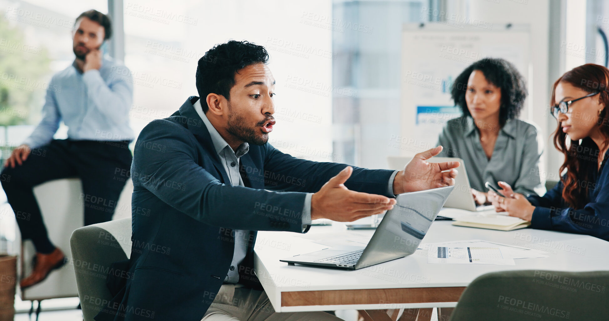 Buy stock photo Businessman, laptop and scream with anger at office meeting with stress for glitch at insurance company. Person, broker and advisor with computer, frustrated and upset at risk management agency
