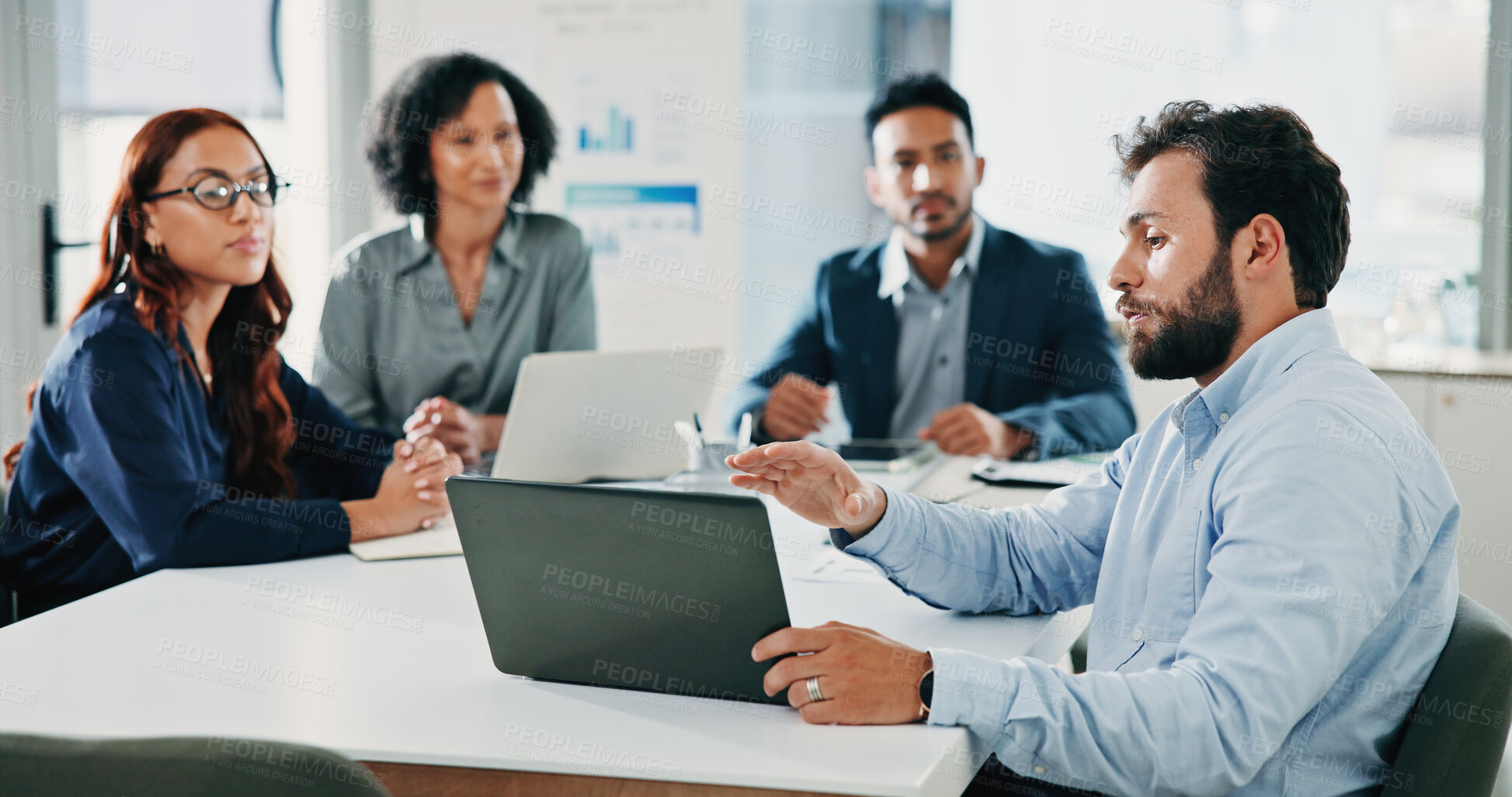 Buy stock photo Boardroom, meeting and business people on laptop for finance review, feedback and budget proposal. Corporate, team and man with workers on computer for consulting on investment or financial decision