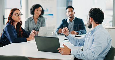 Buy stock photo Laptop, presentation and research with business people in meeting for acquisition, finance advisor and liquidity. Brainstorming, speaker and online report with employees in corporate firm for team