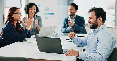 Buy stock photo Applause, meeting and business people on laptop for finance review, positive feedback and profit growth. Corporate, team and workers on computer with good news for investment or financial decision